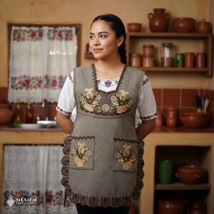 Brown Mexican Embroidered Smock Apron – Floral Traditional Design for Women